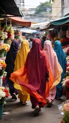 Fototapeta premium Group of Indonesian Women in Colorful Hijabs Walking Through Vibrant Flower Market Behind View