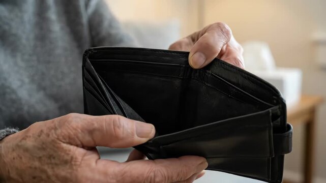 Rising cost of living inflation economy crisis debt struggle poverty stress recession as senior man holding empty wallet at home in living room showing no cash financial hardship anxiety and worry