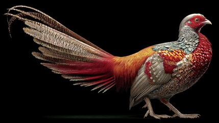 Obraz premium Vibrant and Colorful Bird with Intricate Feather Patterns Displaying Graceful Posture Against Black Background