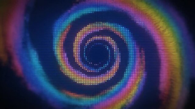 Mesmerizing digital vortex with rainbow colors swirling in hypnotic spiral with pixelated texture background