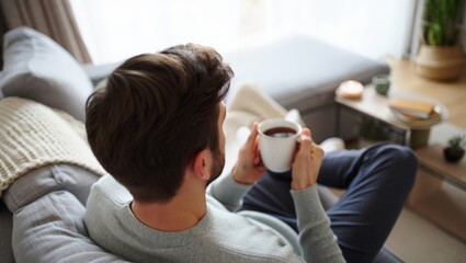 Obraz premium A serene scene of a man enjoying a cup of coffee in a cozy living room setting.