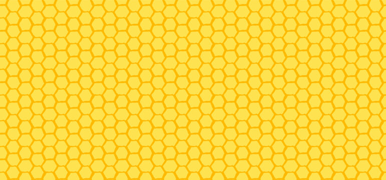 Yellow honeycomb seamless pattern. Hexagonal honey bee cell texture. Horizontal golden geometric background with hand drawn wax grid.