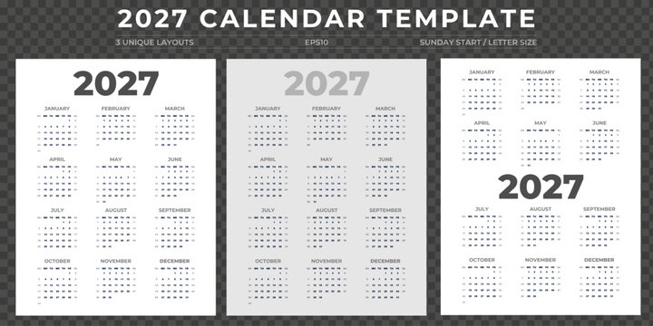 Minimalist 2027 yearly calendar template, Sunday start, Set of 3 simple vertical wall planners