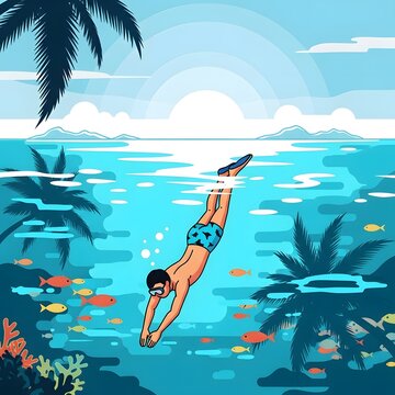 Underwater adventure A man dives into the clear blue ocean, surrounded by colorful fish and coral reefs, beneath a tropical sunset with palm trees