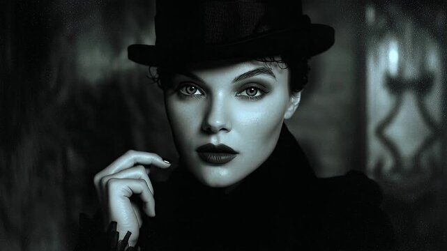 Black gold portrait white model poised. Victorian aristocrat style wearing top hat and high collar, dramatic noir lighting, glittering gold halo and leaf