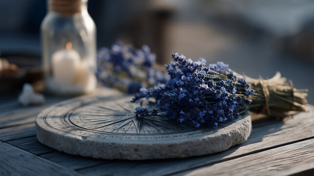 Symbolic still life for summer solstice on rustic outdoor table, sundial surrounded by fresh lavender cuttings and beeswax taper stubs. Stone surface texture beneath arrangement, firefly jar overtur