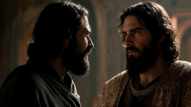 Prophet Nathan delivering a prophecy to King David. Close up profile of two men in a serious biblical conversation. Nathan and David encounter