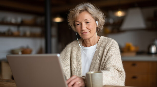 Elderly woman in cardigan completes online notarization affidavit at kitchen table, tablet propped against ceramic mug, notary seal animation visible on screen as she reads identity verification pro