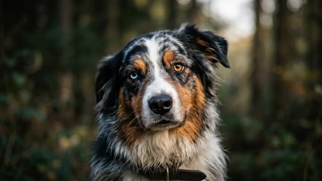 A dog with one blue eye and one orange eye staring into the lens, detailed fur, strong gaze, shallow depth of field and a striking unforgettable atmosphere, ultra-realistic, no logos.