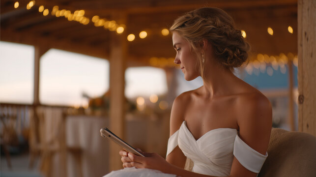 Over the shoulder view of bride reviewing ceremony run sheet on tablet with planner at golden hour inside unset reception barn, burlap chair sashes stacked beside zigzag string lights, venue coordin
