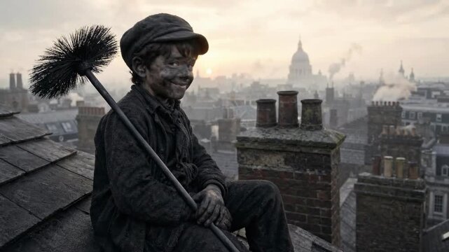 Smiling young chimney sweep covered in soot, holding a brush on a historical city rooftop with a distant cityscape at dawn.