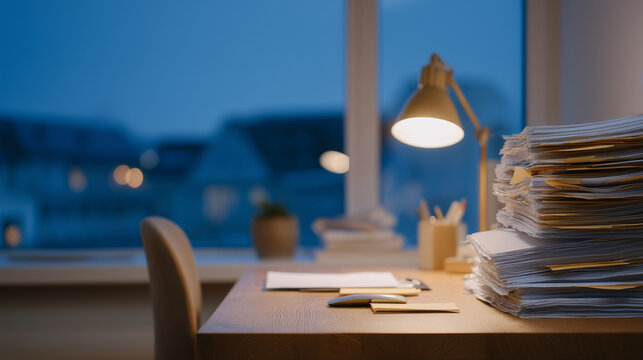 Regulatory compliance manager conducts gap analysis between printed legacy policy manual and updated agency framework, sticky tabs marking discrepancy pages, rural government field office at twiligh