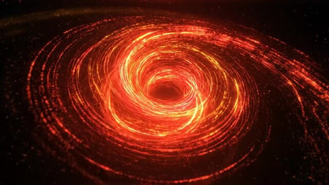 Abstract swirling vortex of red energy with glowing particles, representing a black hole and cosmic dynamics