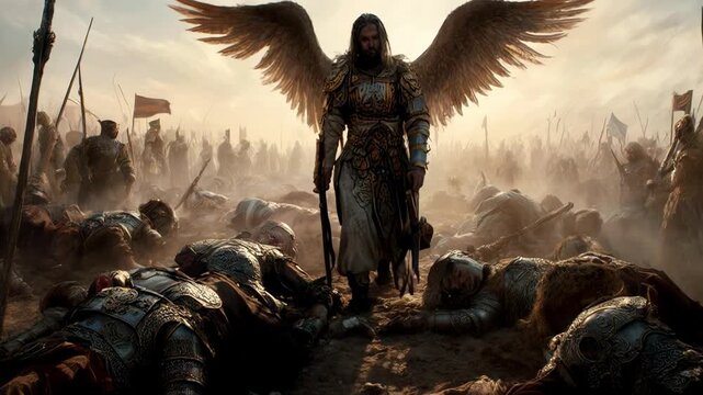 Angel of the Lord walking through the fallen Assyrian army. Divine intervention during the siege of Jerusalem. Biblical epic scene