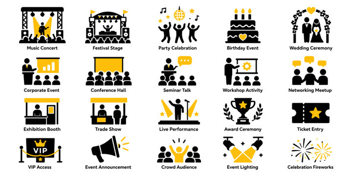 Black and yellow events and activities icon set with celebration, gathering and entertainment symbols, Concept of social events, organization and leisure activities