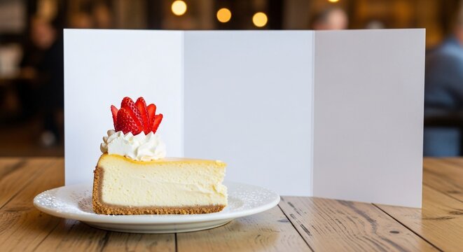 Elegant cake dessert with blank paper mockup, ideal for bakery branding and dessert menu design.