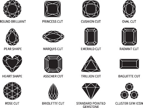 Black Gemstone Cuts Vector Set, Diamond Shapes, Jewelry Design Elements, Precious Stone Icons EPS