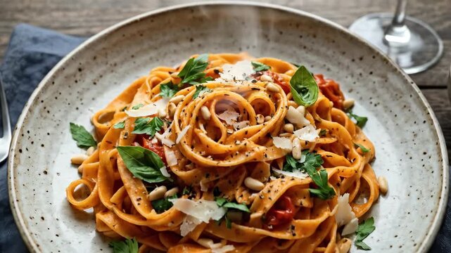 Top-down view of coral lentil tagliatelle on a ceramic plate, rich orange pasta ribbons with delicate texture and elegant composition, refined culinary mood with soft overhead light, ultra-realistic,