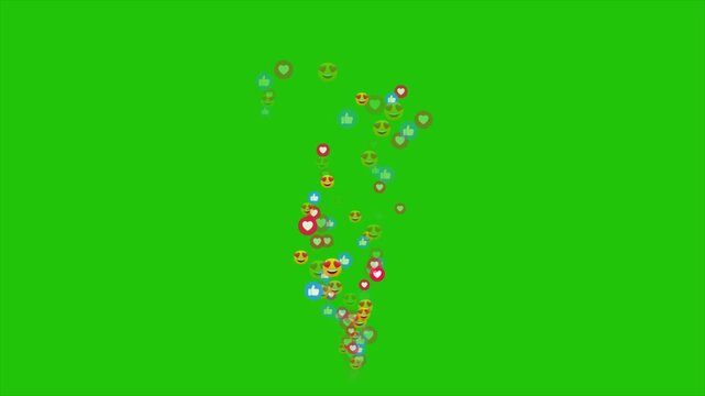 Social media reaction emoji animation, floating like icons green screen, emoji particles motion, engagement reaction overlay, social notification emojis, viral reaction effect, chroma key emoji animat