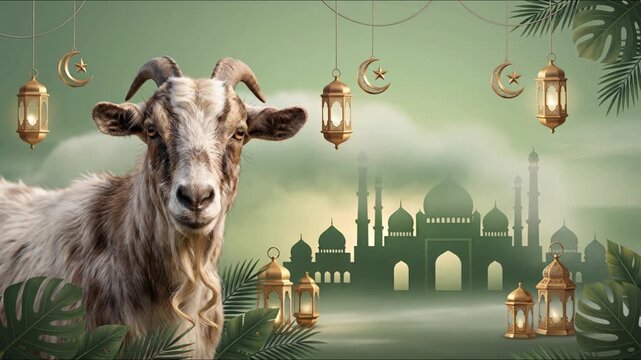 Eid al-Adha Celebration with Goat and Mosque Illustration.
