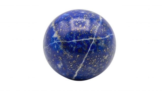 Blue lapis lazuli sphere with gold flecks and white veins isolated on a transparent background