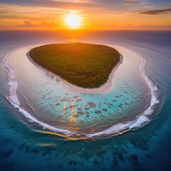 Obraz premium Heart-shaped island paradise at sunset with geology of earth tropical paradise landscape