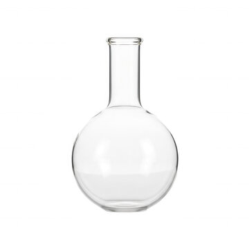 Clear glass round bottom flask with dark spots inside isolated on a transparent background