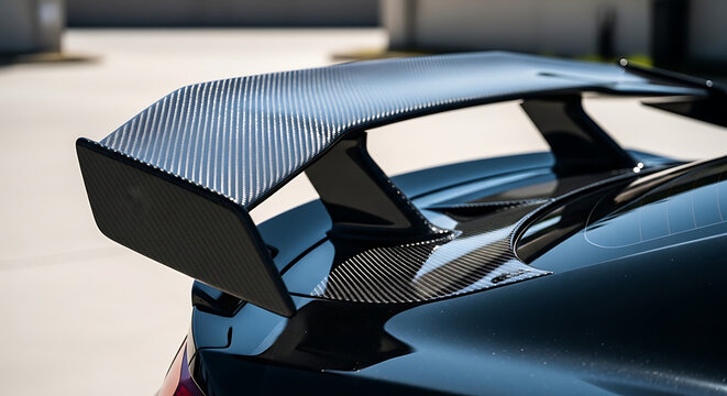 Close-up of a Sleek Carbon Fiber Rear Spoiler on a Black Sports Car for Aerodynamic Performance