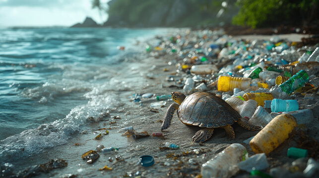Sea turtle crawling on beach covered in plastic pollution