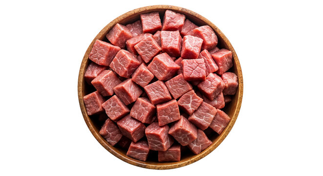 Raw beef cubes in wooden bowl