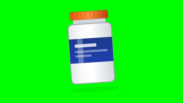Animation of  white pill bottle with an orange cap and a blue label is shown against a vibrant green background.