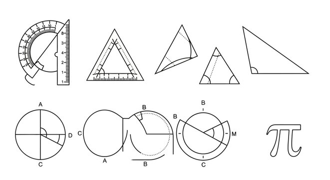 Geometric shapes and math symbols.