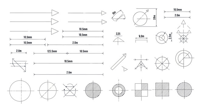 Geometric shapes and technical drawings.