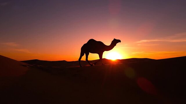 Camel Silhouette at Sunset in a Triptych