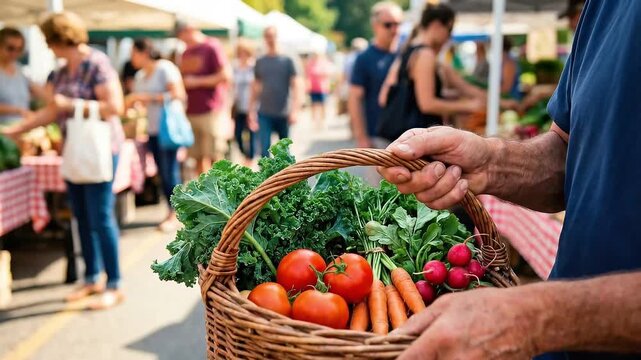 Fresh Produce Concept: Farmer market basket being carried in open market
