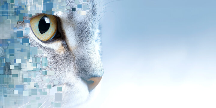 Closeup of cat face with golden eye and digital pixel fragments dissolving into abstract technology background futuristic concept
