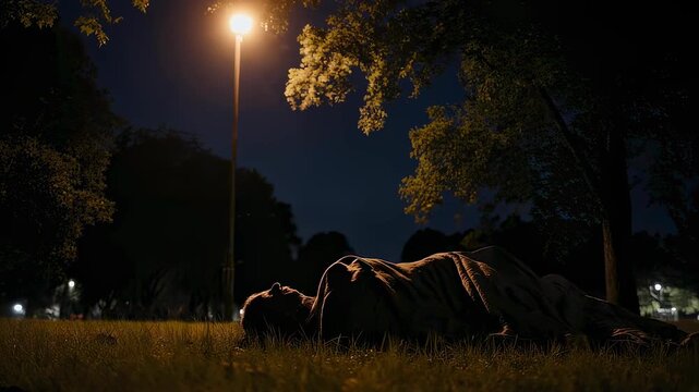 Person sleeping in a public park at night under a streetlamp. Homelessness and vulnerability in the city. Social issue and poverty concept