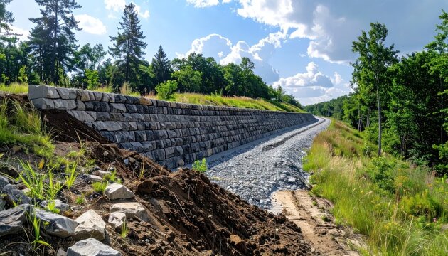 Construction of a Reinforced Soil Slope Retaining Wall on a Hillside.
