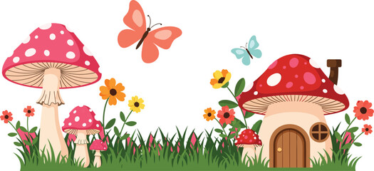 Obraz premium Whimsical illustration of mushroom houses with butterflies and flowers in a lush green meadow with vibrant sunflowers and grass