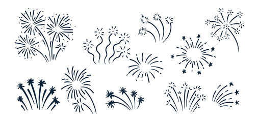 Firework doodle and festive handdrawn firecracker. Celebration line art sketch icons with confetti, sparkle, magical explosive bursts. © DesignWithHeart