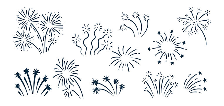 Firework doodle and festive handdrawn firecracker. Celebration line art sketch icons with confetti, sparkle, magical explosive bursts.