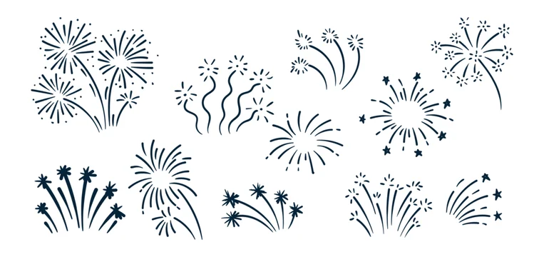 Firework doodle and festive handdrawn firecracker. Celebration line art sketch icons with confetti, sparkle, magical explosive bursts.