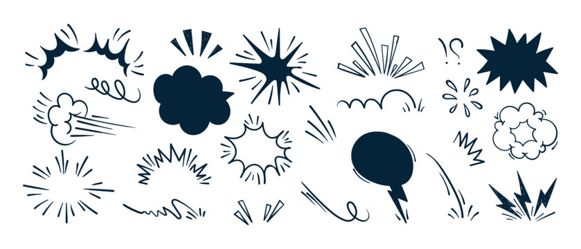 Hand drawn comic line speed effect cartoon explosive vector set. Hand drawn sketch doodle comic line speed motion,
