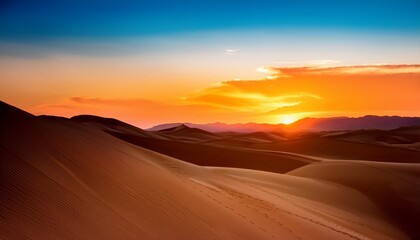 Fototapeta premium Vibrant Desert Sunset With Layered Sand Dunes And Warm Golden Sky Gradient
