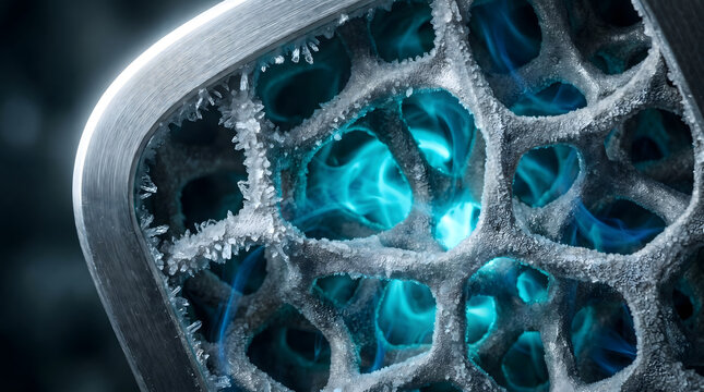 Hyper-Photorealistic Extreme Macro of Solid-State Hydrogen Storage, Metal Hydride Lattice Absorbing Clean Energy Vapor, Green Tech Concept, No Text.