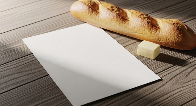 Minimal composition of baguette bread with blank paper mockup, suitable for bakery advertising and menu design.
