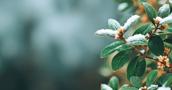A delicate branch displays frosted leaves against a blurred, wintry backdrop.