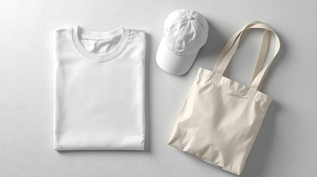 Top-down flat lay of unbranded white apparel set including a folded t-shirt, structured cap, and reusable tote bag on a textured light surface, styled for premium merchandise presentation
