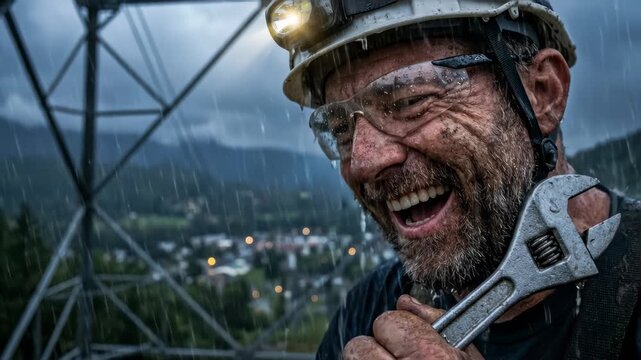 Man laughing joyfully in rain on mountain utility tower. Bearded worker holding large wrench during storm. Outdoor maintenance happiness and resilience concept.