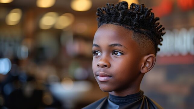 Young boy with styled afro haircut gazes thoughtfully. He wears barber cape, eyes calm and curious. Hair is textured, cut sharply at sides. Background softly blurred, warm lighting glows